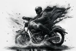 A man riding a vintage motorcycle, with the essence of Grisaille and the fluid dynamics of Ferrofluid surrounding him. -ar 16:9-s 50-