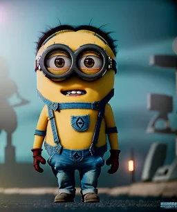 Minion toddler, cyberpunk, full body, angry, dramatic lighting, hyper realistic