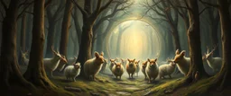 in the magical mirror forest we get a strange portrait and you enter the strangest bubble doorway to weird dimension and the aura of its heavenly fluffy elevated messed up woodland creatures flock painted by Nerdrum and Rembrandt