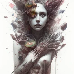 singer Danish MØ face, style <Yoji Shinkawa>, Bones, darkred tones, leaning pose, watercolor illustration by <agnes cecile> butterflies everywhere, skulls, centipede, insects, nest, octopus, fly, squid, multiple eyes everywhere, opalescent,opalescent, gemstones, crystals, cristal rock ,bright,bDryad, plants, wildflower, intricate detail , rusty metal, sidhe, ominous, portrait, high lighting, Witch pink short hair, rabbit mask, latex suit, Red, black, gold, Punk style, Gradient background,