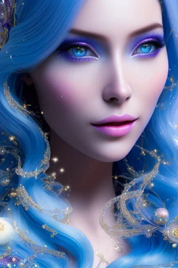 woman glitter blue fairy in a galactic ambiance, long blue hair, detailed gorgeous smile, delicate colors in the foreground, full of details, smooth, light effect，vaporwave colorful, smooth, extremely sharp detail, finely tuned detail, ultra high definition, 8 k, unreal engine 5, ultra sharpBeautyful smiling young woman, long hair amazing blue eyes, flowers, happy cosmic, bright colors, blue, pink, gold, jewels, realistic, photo real, clear sunny background, highly detailed, high contrast, 8k 