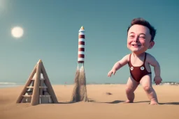 Elon musk as a baby building a Very tall Sandrocket on the beach. He is wearing a polkadot swimsuit