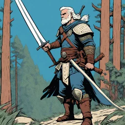 [illustration by Andrew MacLean in the comics Head Lopper style with Kupka's pixel colour palette] a seasoned ranger approaching 50th year. his hands are gnarled from years of gripping bow and sword, his weathered face etched with the wisdom and scars of countless skirmishes in the wilds. Despite his advanced age, your movements remain swift and purposeful, years of survival ensuring that his body remains battle-ready.
