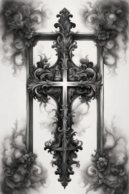 A realistic drawing in negative space black ink on white background of a cross in a mirror baroque with very defined and correct details and brushstrokes smoke around it