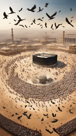 Many birds in the sky, flying above the Kaaba, carrying stones in their legs, around them is desert