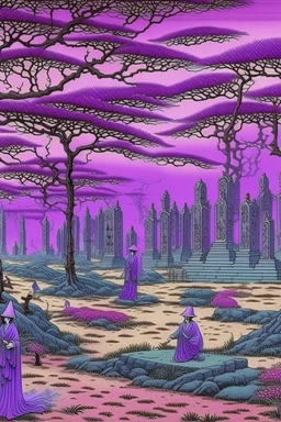 A purple graveyard with dancing ghosts painted by Utagawa Hiroshige