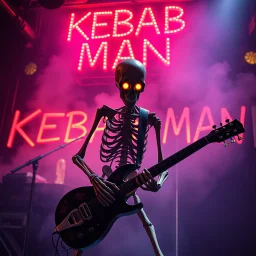 a very thin swedish man (near skeleton), (fat glowing eyes), he is called "KEBAB MAN" performing at death metal club, his name is "KEBAB MAN" kebab rolls On stage, kebab Neon lights and smog, and "KEBAB MAN" big sign on the wall, kebab tribal tattooes, spinning kebab machines, flames and smoke, chaos, he using gasolin and pour it on the guitar on the stage