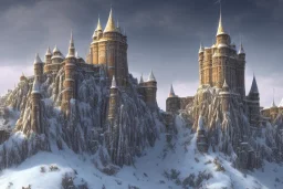 fortress like minas tirith on the side of a singular snowy mountain with a single tiny man standing at its base