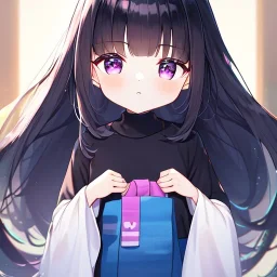 Clear focus,High resolution, Black long fluffy hair, and purple eyes, wearing a blue shorts,white shirt,black sweater wrapped around waist, Loli