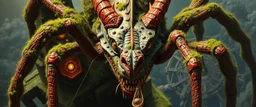 the weird face of a cyberpunk dragon spider man with charm in web from mossy tower, master oil painting by Rembrandt and Escher, moss covered space station, brightened edges to give a sense of depth