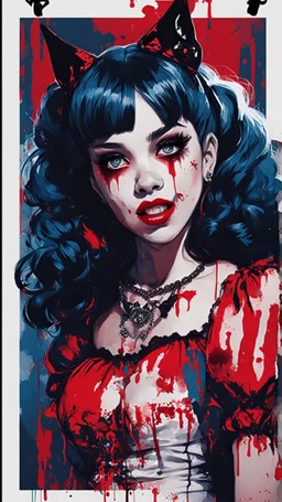 Poster in two gradually, a one side malevolent goth vampire girl face and other side the Singer Melanie Martinez face, full body, painting by Yoji Shinkawa, darkblue and red tones,