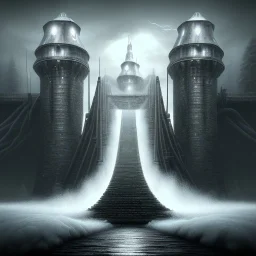 fantasy art, black and white book cover, face of mad hairy wizard in front of the ebony stairs, a bridge or dam ,icy water