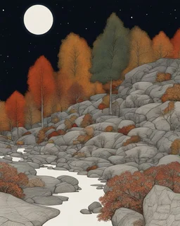 Autumn colors, peaceful, Egon Schiele, Max Ernst, night sky filled with galaxies and stars, rocks, trees, flowers, one-line drawing, sharp focus, 8k, deep 3d field, intricate, ornate, one million strokes