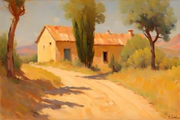 sunny day, mountains, trees, dirt road, countryside, adobe house, wilfrid de glehn and rodolphe wytsman impressionism paintings