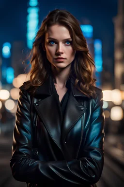 Young woman with Brown Hair, Glowing Blue Eyes, Black Leather Coat, Black suit underneath, crossed arms, beautiful face, intense gaze, night, city Background, high detail, 4k, Matrix