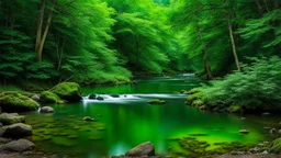 A peaceful scene of a river flowing through a lush, green forest. The Green Water is calm, and the surrounding trees and bushes create a picturesque, natural environmen.