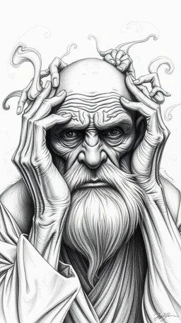 highly detailed graphite illustration, A surreal elderly figure with exaggerated anatomical featured , hands up llheavily wrinkled skin, and an intense, contemplative expression. bald head, thick eyebrows, long beard merge into swirling abstract shapes. Large, other gripping the forehead tensely. Mysterious, introspective, dreamlike, somewhat dark fantasy. #𝙙𝙧𝙚art #prompt