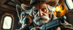 gritty air brush 3d with pen outline,seasoned handsome gunslinger western fluffy elder woman edgy hero with slightly glowing eyes and nudged dented skin in front of glistening space tardigrade dog, shallow depth of field, warm lantern, pin hole cam in darkened doll house space ship, bottom floor board edge border