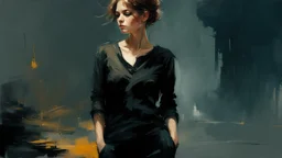 russian woman 26yo with short brown hair, wearing a black shirt with long sleeves and tactical pants :: dark mysterious esoteric atmosphere :: digital matt painting with rough paint strokes by Jeremy Mann Carne Griffiths Leonid Afremov, black canvas