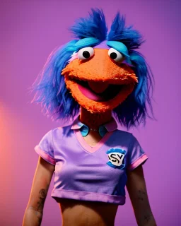 hybrid character, waitress sexy woman with monster muppet mask that covers her entire head, pink and blue, short shirt, tray, old school tattoo, retro style, Sesame Street style, hot, smooth, unreal engine 5, god lights, ray tracing, RTX, lumen lighting, ultra detail, volumetric lighting, 3d.