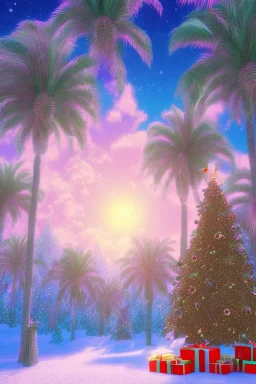 1980's vaporwave aesthetic palm trees in Christmas winter