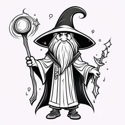 Make black and white cute drawing of a Wizard with black bold lines. Only outline, no grayscale. A wise-looking wizard wearing a tall, star-covered hat and a long robe. He’s holding a staff in one hand and casting a spell with the other, with glowing runes floating around him.