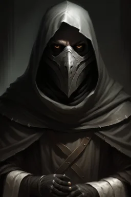 dungeons and dragons character portrait: man wearing old black robes over a dark silver breastplate and a white porcelain mask with two black eyeholes over his face. His black hood is drawn over his head