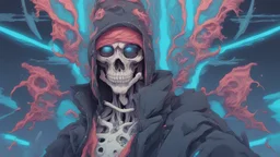 a close up of a person with a skull on their head, blue and black colors, anime skull portrait man, scary detailed art in color, hiroyuki-mitsume takahashi, nychos art aesthetic, half man half skeleton, anime cyberpunk art, colored manga art, rossdraws pastel vibrant, hot colors. insanely detailed, beautiful anime portrait, stunning anime face portrait, scary art in color