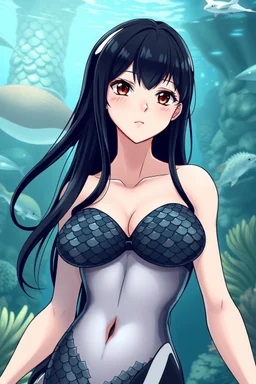 a portrait of a female orca mermaid, human torso and head with an orca mermaid tail with orca markings, black scales covering chest, red eyes orca fin tail, light skin, long black hair with white streaks, mermaid, stocky, scales on cheeks, aquarium setting, focus on details, semi bold lines, clear light, anime style