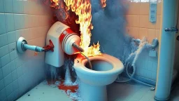 using a fire extinguisher to spay it at the overflowing toilet