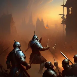 frank frazetta style, medieval town in battle, storm, siege weapons