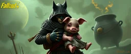 bad ninja wolf carrying a lovely scared wtf are you up to, pig girl with dress under his arms, big cauldron in the background in the style of fallout 4