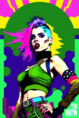 Digital illustration of comic book style cartooned Tank girl giving the middle finger, giant green military tank behind her, color pencils, ink, counter culture, dystopian, retro futuris. 90s riot girl look, punk aesthetics, collage, psychedelic, grime, textured, mixed media with a british pop culture influence, maximalism, feminist icon,