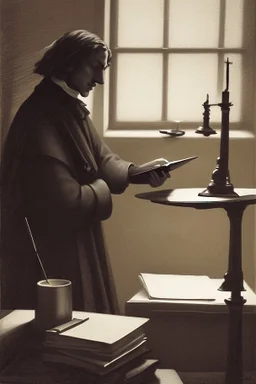 [Spinoza reading at a desk] As Spinoza sat at his desk, the gentle glow of candlelight flickered, casting mesmerizing shadows on his weathered face. His eyes, deep pools of contemplation, gazed thoughtfully at the pages before him, revealing the intensity of his intellectual pursuit. The room was a sanctuary of solitude, allowing him to immerse himself in the realm of metaphysical thought. Spinoza's high forehead, crowned by thick, unruly hair that fell slightly over his brows, accentuated his