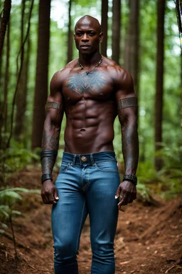 Alimi Ballard as muscular man bald with tribal tattoos wearing jeans and a teeshirt in a forest