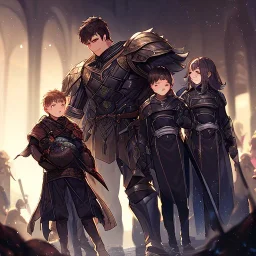 Boy wearing leather armor protecting family