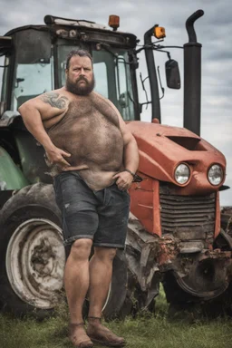 close up photography of a ugly strong overweight 42 year old gipsy tractor driver shirtless in short pants to his tractor in the field , sunlight, manly chest, bullneck, big nose, short beard, angry eyes, tattoo, long curly hair, photorealistic, side light , frontal view from the ground, cinematic