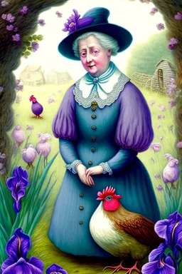 Friendly witch, playing with hens, perfect iris, pastel colours, style Beatrix Potter