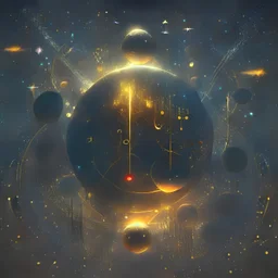 Develop a captivating cover art featuring an otherworldly constellation of golden musical notes and ethereal light orbs set against a deep black sky. The radiant golden hues of the notes and orbs contrast beautifully with the darkness, symbolizing the AI-generated harmonies that illuminate the musical landscape.