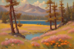 Sunny day, pine trees, mountains, prairie, flowers, lake, rocks, spring, otto pippel impressionism painting