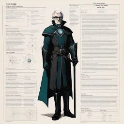character concept sheet with AD&D statistics and characteristics, [illustration by David Hockney] the dark keeper character class, his powers are Time Laps Back, Retain and night vision