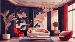 modernist style, a house plant shocking someone, navy blue, cherry red and soft cream color scheme, iridescent style, bright and reflective atmosphere light effects, holographic background, art nouveau, soft colors