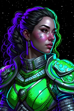 Female half air genasi half plasmoid from dungeons and dragons, Waist up in moonlight, southeast Asian, skintone like meghan markle, bicep length wind like hair, Tough Traveler vibes, Snake skin hide armor with no metal, light blue coloring, purple coloring, deep green eyes, realistic, digital art, high resolution