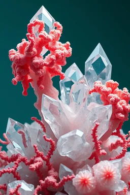 Ultra-detailed surreal 3D render of biomorphic organic forms fused with quartz crystal growth, translucent biological membranes intertwined with sharp gemstone facets, macro composition, deep teal studio background, cinematic volumetric lighting, Octane render style, ultra photorealistic, 8k