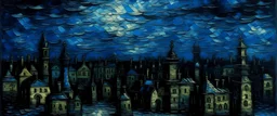 A blackish blue city made out of chess pieces at midnight painted by Vincent van Gogh