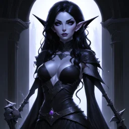 drow elf woman, sorceress, dark hair, digital art, dark fantasy