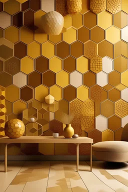 Generate an handpainted mural featuring hexagons inspired by the warmth and symmetry of honeycombs. Use rich golden hues and subtle variations for a cozy atmosphere.Color Palette: Golden yellow, honey brown, and soft amber.
