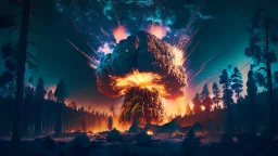 giant radioactive explosion destroy a forest, night starry sky in background, 8k resolution, photorealistic, ultra detailed