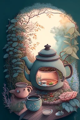 Cozy vibes drawing art tea pot, garden inside tea pot