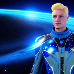 Homme galactique beau fin, grand front cosmique, yeux bleus réels, cheveux blonds, costume galactique, paysage cosmique, 8k, unreal engine